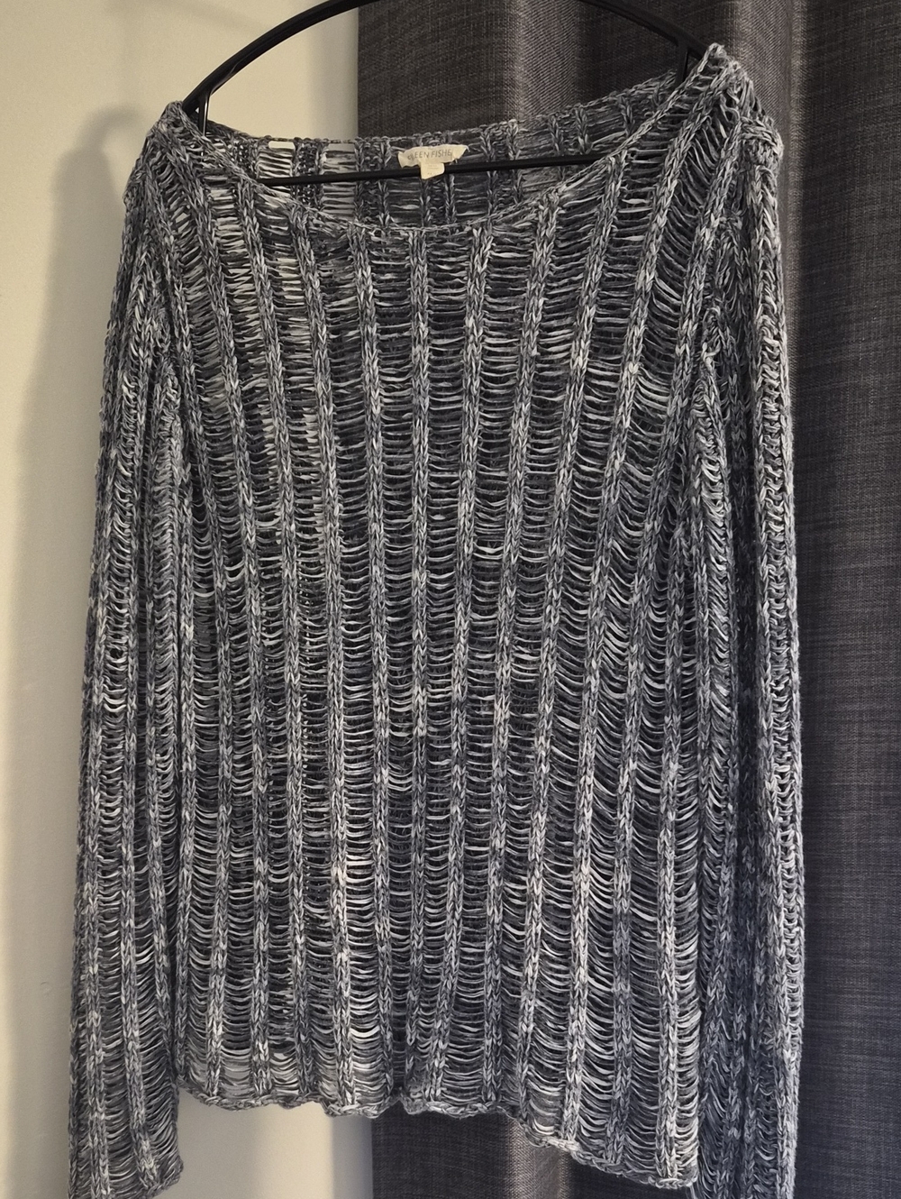 Eileen Fisher Marled Gray Open-Knit Scoop Neck Sweater